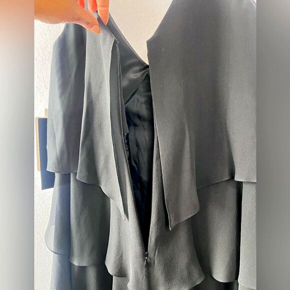 Vtge Daymor Womens 100% silk Black Elegant V neck Ruffle Layered Dress Sz 4 Maxi - Picture 9 of 11